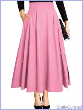High Waist A-Line Flowy Ankle Length Maxi Skirt with Pockets